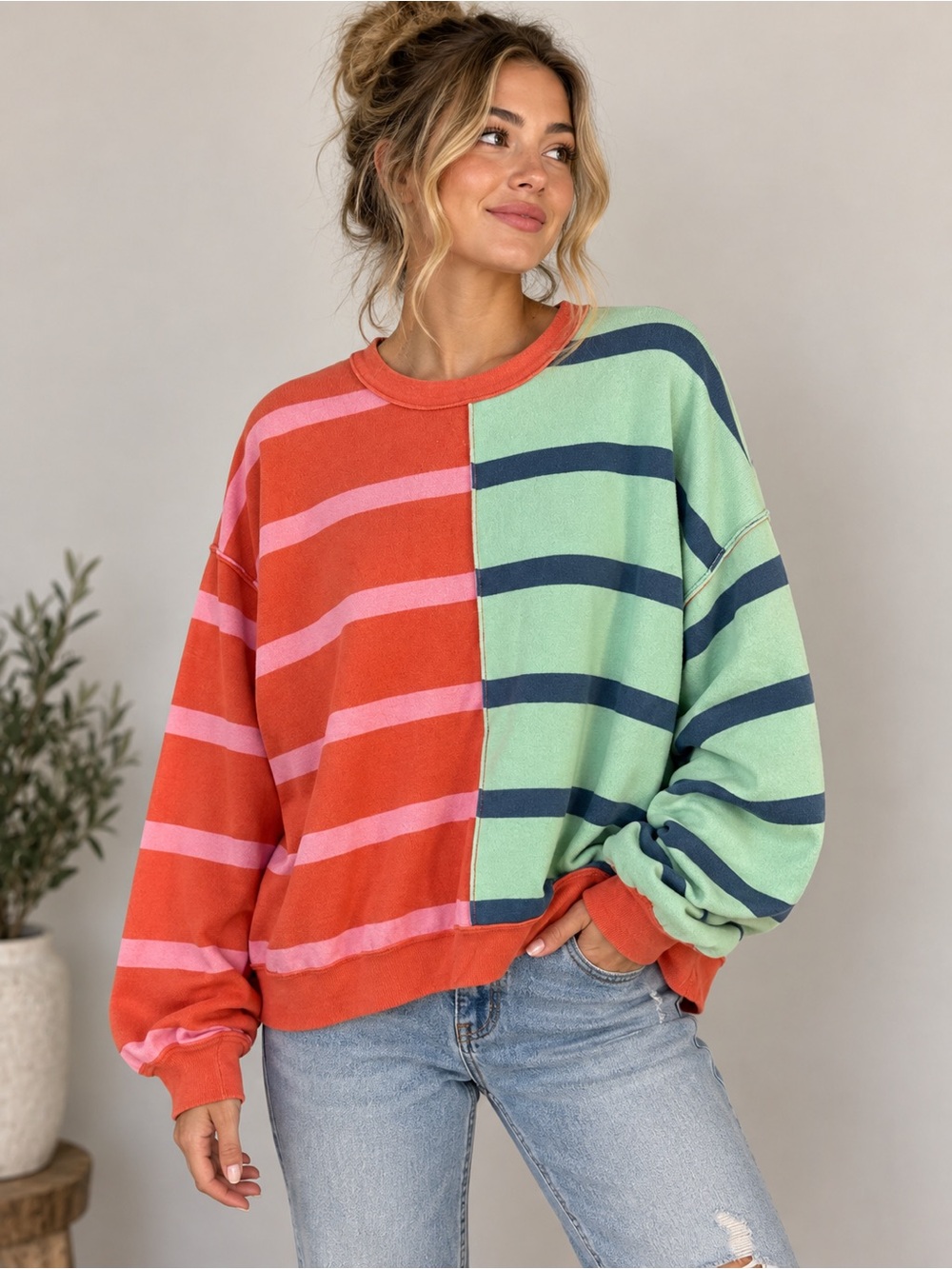 Altar’d State Sweater XS Colorblock Striped Oversized Baggy Pullover Pink Mint